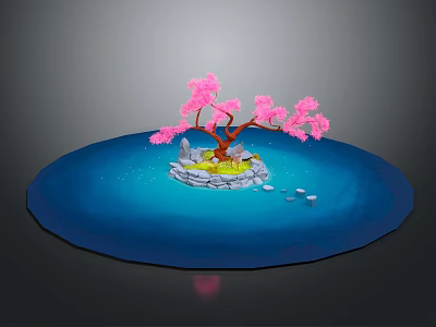 Cartoon Scene With Pink Cherry Blossom Tree On Small Island In Blue Water 3d model
