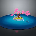 Cartoon Scene With Pink Cherry Blossom Tree On Small Island In Blue Water