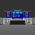 Traditional Style Event Stage Setup With Blue Backdrop CC Logo And White Chairs 3d model