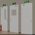 Emergency Exit Doors With Glass Windows And Red Fire Extinguishers In Building Corridor