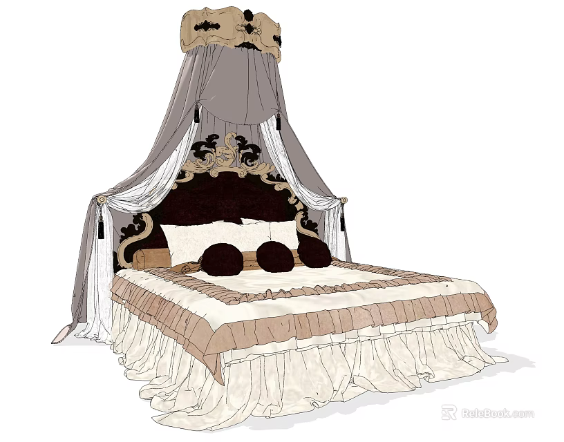 Elegant Canopy Double Bed With Ornate Headboard Decorative Pillows And Ruffled Bedding 3d model 