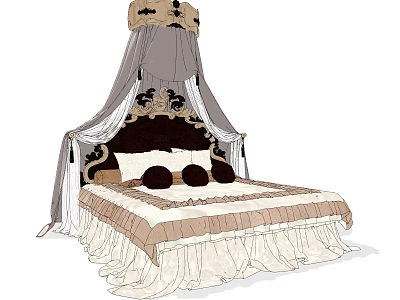 Elegant Canopy Double Bed With Ornate Headboard Decorative Pillows And Ruffled Bedding 3d model