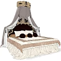 Elegant Canopy Double Bed With Ornate Headboard Decorative Pillows And Ruffled Bedding