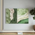 Green Beige Abstract Wall Art Leaf Wave Patterns Modern Interior Decor With Potted Plant 3d model