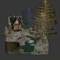 Cartoon Scene of Cozy Forest Cabin with Green Roof Pine Trees Wooden Bridge and Pond