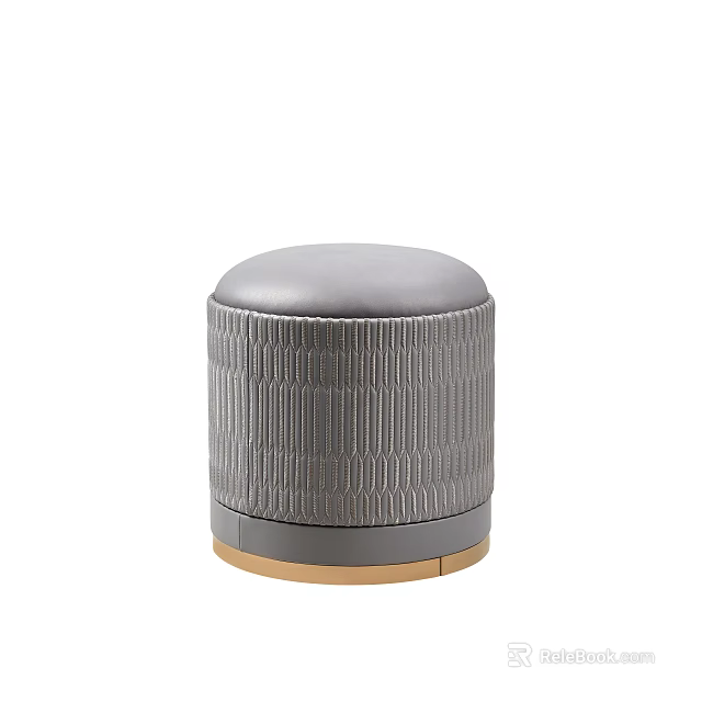 Round Gray Ottoman With Textured Upholstery And Gold Base Modern Design 3d model 
