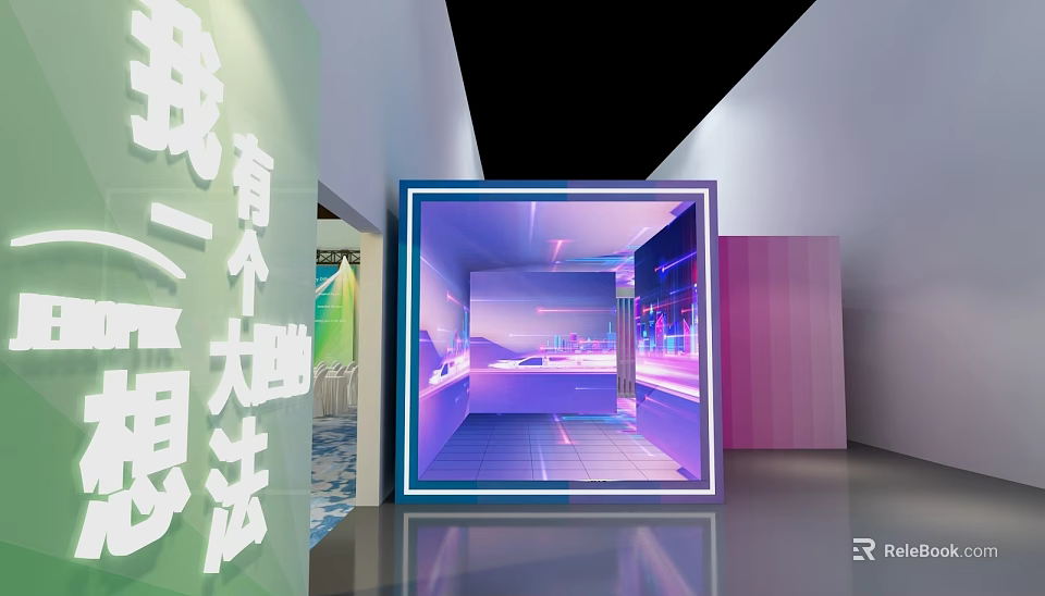 Modern Photo Spot With Neon Lights And Colorful Cube Installations 3d model 
