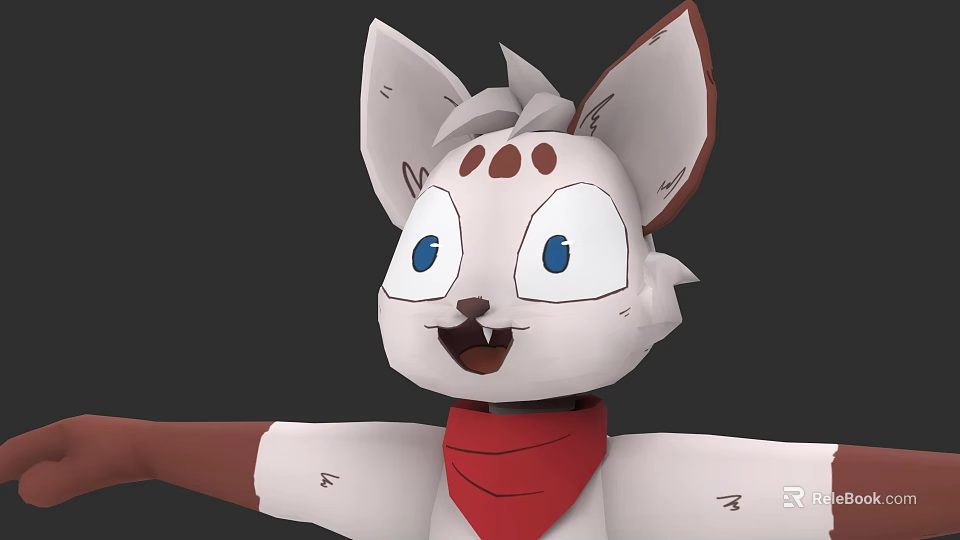 Cartoon Animal Character With White Fur Brown Ears Red Scarf Blue Eyes Happy Expression 3d model 