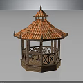 Traditional Wooden Pavilion Featuring Red Tiled Roof Octagonal Base And Railing