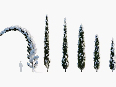 Snow Covered Arbor Trees With Arched Shape And Various Heights And Silhouette Of A Person 3d model