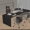 Modern Black Office Desk with Computer Documents Plant Two White Chairs and Brown Chair