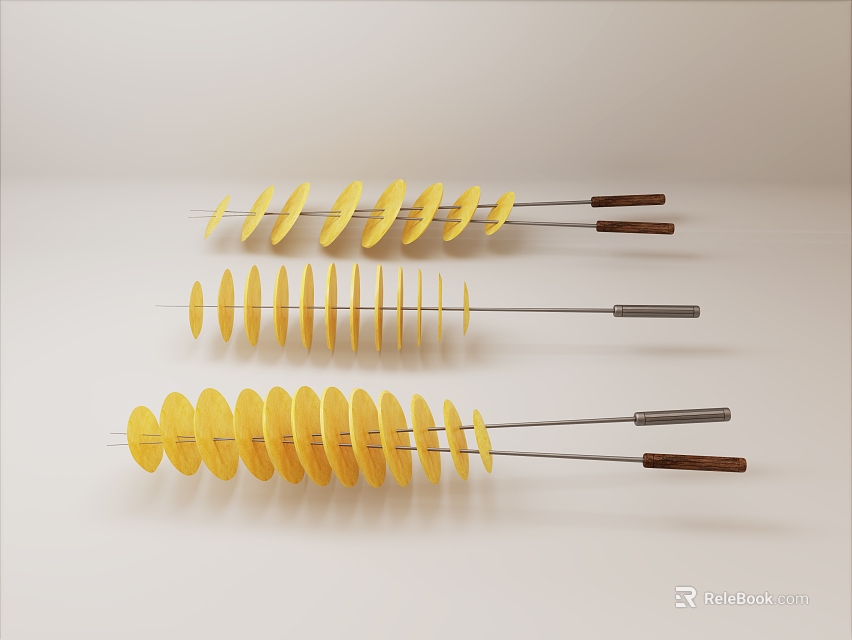 Potato Chips Arranged On Metal And Wooden Skewers 3d model 