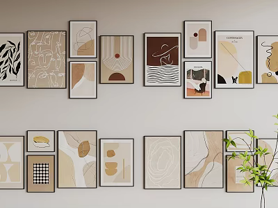 Modern Abstract Paintings Wall Display With Geometric Shapes Neutral Tones And Frames 3d model