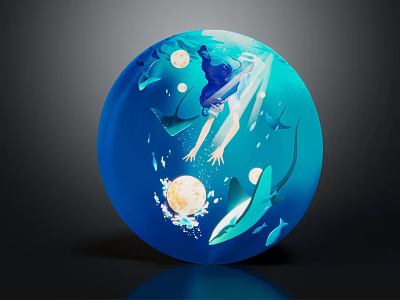 Cartoon Underwater Scene Inside Blue Sphere With Reaching Girl Glowing Moon And Marine Life 3d model