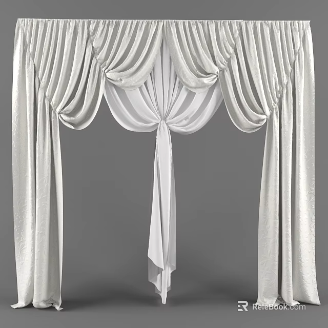 Elegant White Curtains With Pleated Drapery And Tied Center Design 3d model 