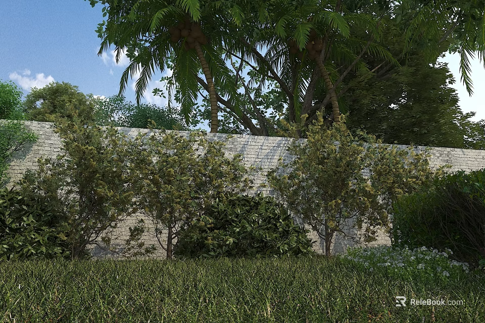 Lush Garden Landscape With White Brick Wall Neatly Trimmed Shrubs And Trees 3d model 