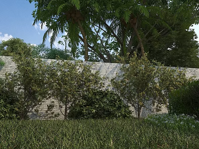 Lush Garden Landscape With White Brick Wall Neatly Trimmed Shrubs And Trees 3d model