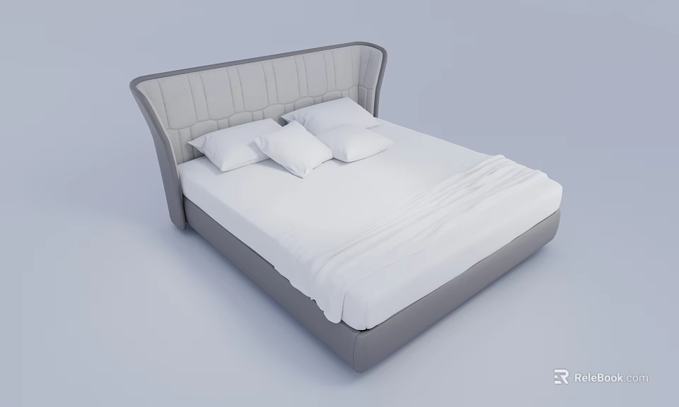 Modern Double Bed With Upholstered Gray Headboard And White Bedding Pillows 3d model