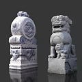 Traditional Chinese Stone Lion and Drum Garden Ornaments with Intricate Carved Patterns for Outdoor Decor