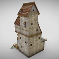 Tall Irregular Multi Level Building With Stone Walls Wooden Platforms And Tiled Roofs