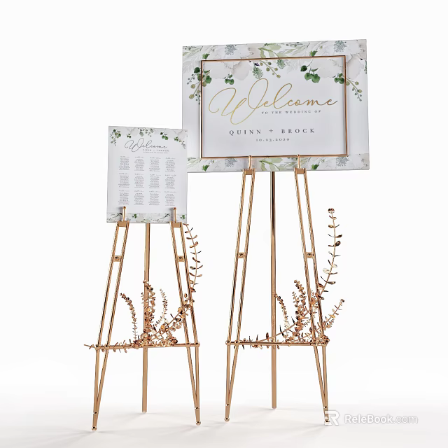 Wedding Welcome Signs On Golden Easels With Floral Decor And Queen Beach Text 3d model 