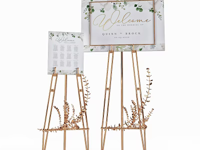 Wedding Welcome Signs On Golden Easels With Floral Decor And Queen Beach Text 3d model