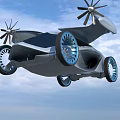 Futuristic Flying Car With Propellers And Blue Rimmed Wheels Flying In Sky