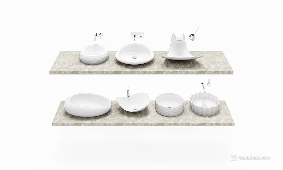 Various White Ceramic Bathroom Sinks With Different Designs On Marble Countertop 3d model 