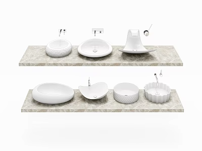 Various White Ceramic Bathroom Sinks With Different Designs On Marble Countertop 3d model