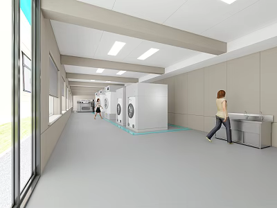 Bright Modern Spacious Commercial Laundry Room With Rows Of Professional Industrial Washing And Drying Machines 3d model