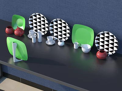 Modern Tea Set with Red Teapot White Cups Green Stand and Black White Geometric Plates 3d model