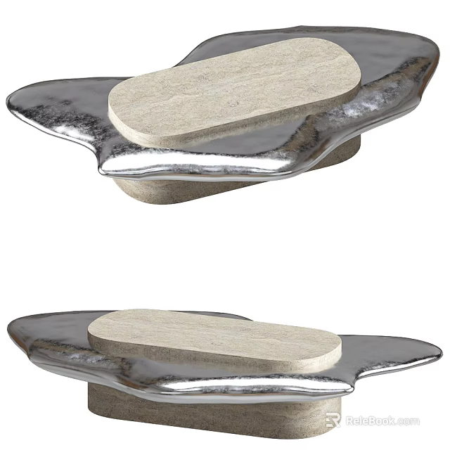 Modern Coffee Table With Unique Silver Metal Frame And Beige Stone Tabletop Design 3d model 