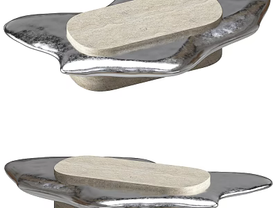 Modern Coffee Table With Unique Silver Metal Frame And Beige Stone Tabletop Design 3d model