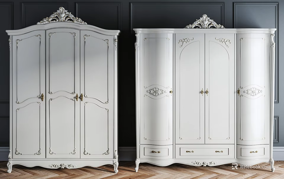 White Classic Wardrobes With Ornate Carved Details Decorative Tops And Drawers 3d model 