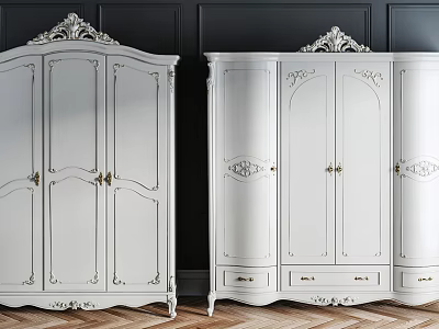 White Classic Wardrobes With Ornate Carved Details Decorative Tops And Drawers 3d model