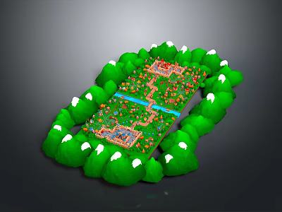 Scenic Natural Landscape With Lush Green Hills Blue Pathway And Traditional Buildings 3d model