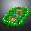 Scenic Natural Landscape With Lush Green Hills Blue Pathway And Traditional Buildings