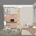 Cozy Kids Room Interior With Cloud Chandelier Bookshelf Study Desk Chair Bed And Colorful Pillows