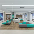 Modern Bank Lobby With Open Space Reception Desk Turquoise Sofas City Backdrop And Wooden Flooring