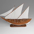 Handcrafted Wooden Sailboat Model With White Sails And Brown Hull On Wooden Base