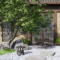 Karesansui Japanese Garden Design With Traditional Building Green Tree Stones And White Gravel