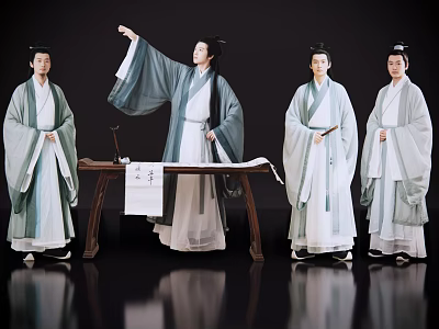 Group of People in Traditional Hanfu Posing Around Table With Calligraphy Scroll 3d model