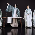 Group of People in Traditional Hanfu Posing Around Table With Calligraphy Scroll