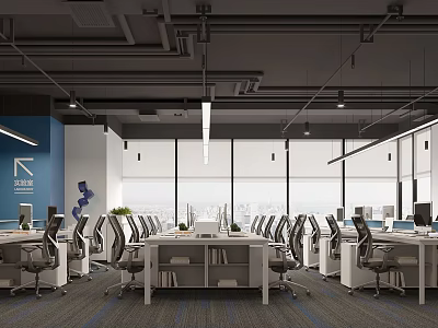 Modern Public Office Area With Ergonomic Chairs Office Desks Large Windows And City View 3d model