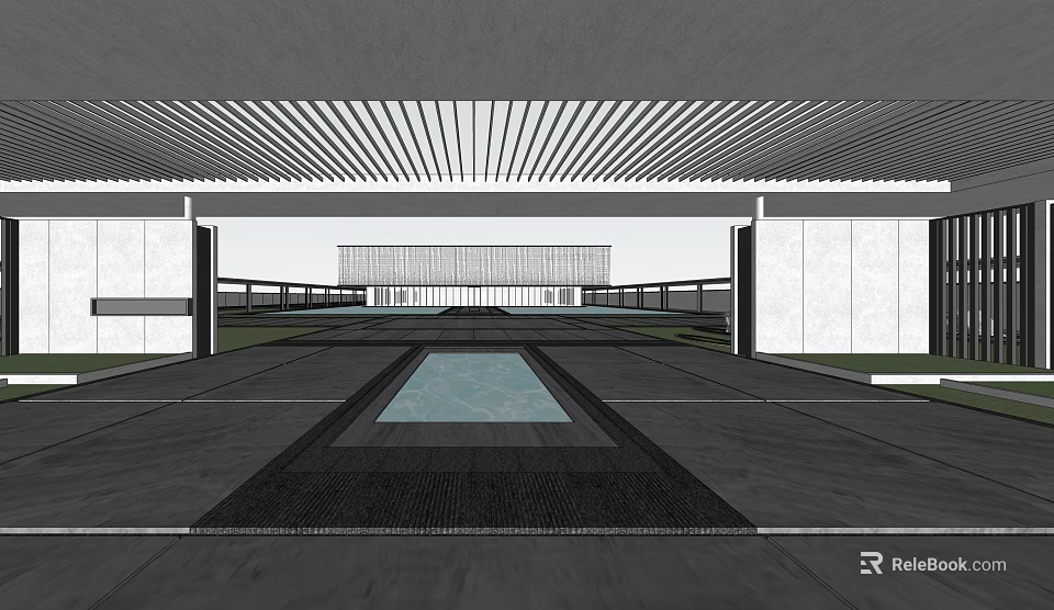 Modern Sales Office Architectural Exterior With Striped Ceiling Spacious Entrance And Water Feature 3d model 