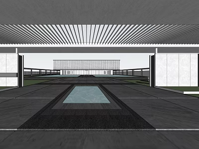 Modern Sales Office Architectural Exterior With Striped Ceiling Spacious Entrance And Water Feature 3d model