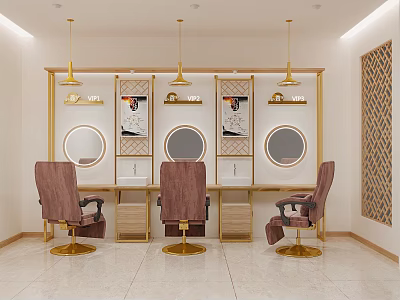 Modern Mall Hair Salon Interior With Purple Chairs Golden Lights And Decorative Wall 3d model