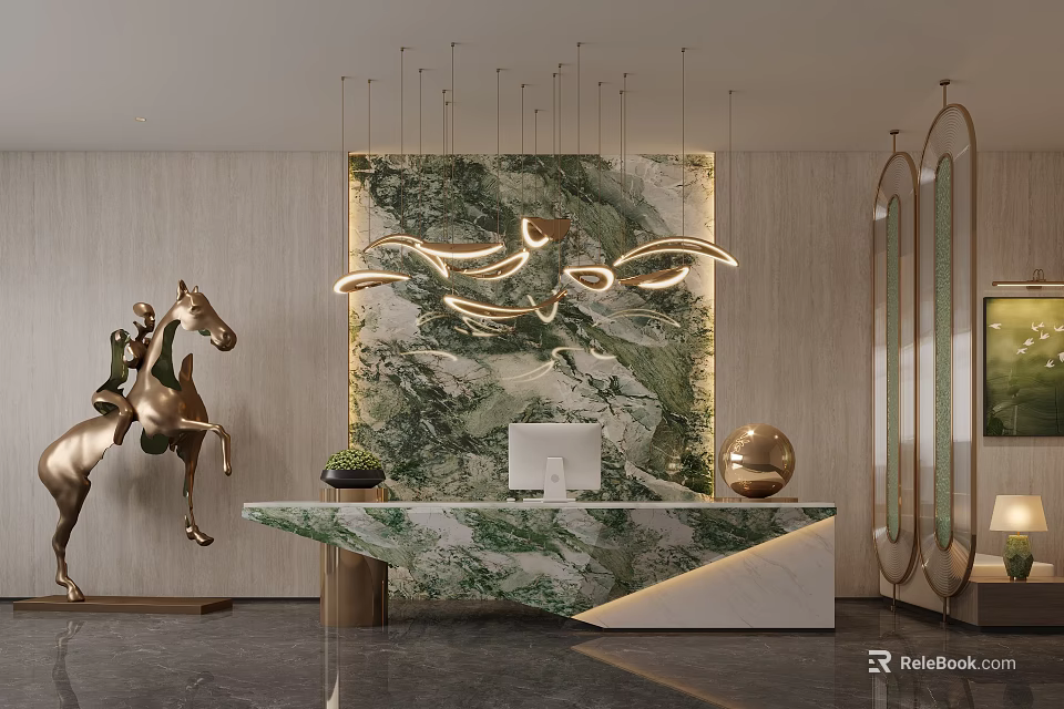 High End Modern Sales Office Reception With Green Marble Counter And Elegant Art Decorations 3d model 