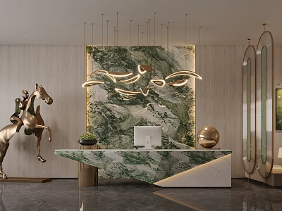 High End Modern Sales Office Reception With Green Marble Counter And Elegant Art Decorations 3d model