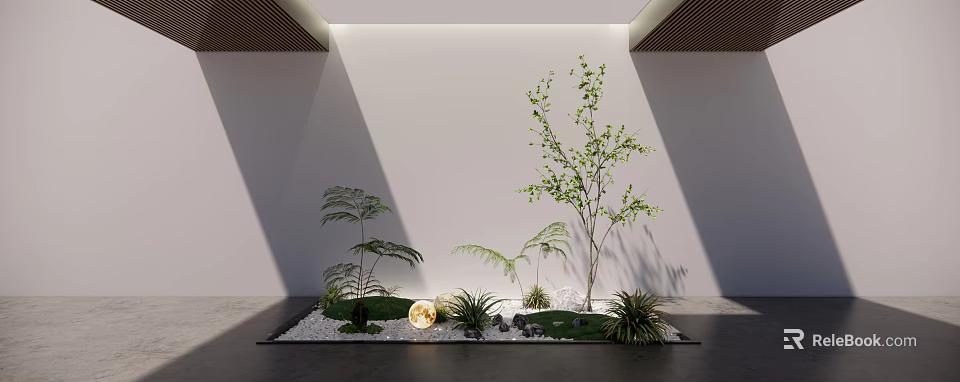 Modern Indoor Landscape With Green Plants Tree Ferns Decorative Lamp Small Stones And White Wall 3d model 
